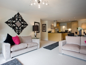 Living room in show apartment in Somersbury Court.